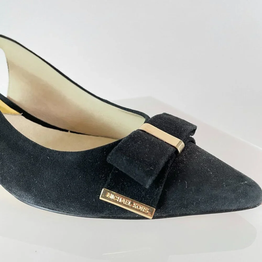 Minimalist | Michael Kors Black Suede Kitten Heel | Feminine Bow Gold Detail 9.5